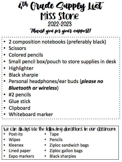 Miss Stone's student supply list